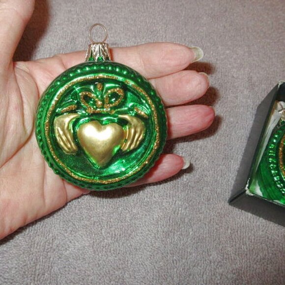 Vtg Blown Glass Chrismtas Ornaments Glitter Irish Celtic Cross Claddagh Shamrock - Picture 10 of 10